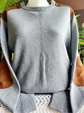 Gray Crewneck Suede Patchwork Sweater / Chaps / sz large